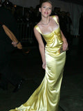 Elegant Yellow Straps Mermaid Satin Long Party Dress Evening Gown, HZ0319