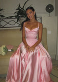 Elegant Pink Straps A-Line Satin Long Party Dress Bridesmaid Dress, HZ0319