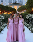 Elegant Pink Straps A-Line Satin Long Party Dress Bridesmaid Dress, HZ0319