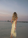Light Yellow Halter 2 Pieces Long Party Dress Fashion Summer Dress, HZ0319