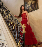 Wine Red Strapless A-Line Tulle Long Prom Dress Evening Ball Gown, HZ0319