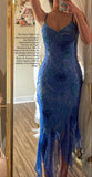 Blue Spaghetti Straps Chiffon Party Dress Vintage Evening Dress, HZ0319