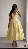 Light Yellow V Neck Halter A-Line Long Party Dress Wedding Guest Dress, HZ0319