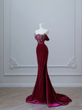 Wine Red Off Shoulder Velvet Mermaid Long Formal Prom Dress Evening Gown, HZ0319