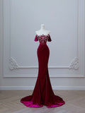 Wine Red Off Shoulder Velvet Mermaid Long Formal Prom Dress Evening Gown, HZ0319