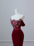 Wine Red Off Shoulder Velvet Mermaid Long Formal Prom Dress Evening Gown, HZ0319
