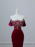 Wine Red Off Shoulder Velvet Mermaid Long Formal Prom Dress Evening Gown, HZ0319