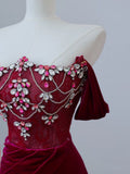 Wine Red Off Shoulder Velvet Mermaid Long Formal Prom Dress Evening Gown, HZ0319