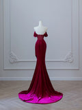 Wine Red Off Shoulder Velvet Mermaid Long Formal Prom Dress Evening Gown, HZ0319