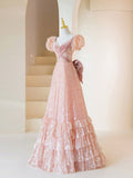 Pink Short Sleeves A-Line Sequins Birthday Dress Formal Prom Dress Evening Gown, HZ0319