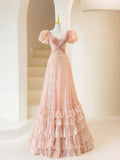 Pink Short Sleeves A-Line Sequins Birthday Dress Formal Prom Dress Evening Gown, HZ0319