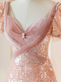 Pink Short Sleeves A-Line Sequins Birthday Dress Formal Prom Dress Evening Gown, HZ0319