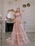 Pink Short Sleeves A-Line Sequins Birthday Dress Formal Prom Dress Evening Gown, HZ0319