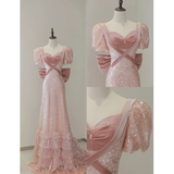 Pink Short Sleeves A-Line Sequins Birthday Dress Formal Prom Dress Evening Gown, HZ0319