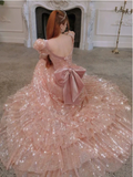 Pink Short Sleeves A-Line Sequins Birthday Dress Formal Prom Dress Evening Gown, HZ0319