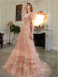 Pink Short Sleeves A-Line Sequins Birthday Dress Formal Prom Dress Evening Gown, HZ0319