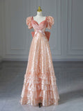 Pink Short Sleeves A-Line Sequins Birthday Dress Formal Prom Dress Evening Gown, HZ0319