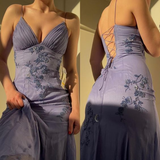 Lilac V Neck Straps Sheath Vintage Long Formal Prom Dress Evening Gown, HZ0319