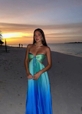 Blue Ombre Strapless A-Line Satin Long Party Dress Fashion Summer Dress, HZ0319