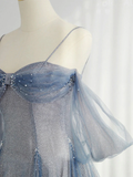Blue Tulle A-Line Straps Off Shoulder Formal Evening Party Dress HZ0319