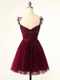 Vintage Burgundy Applique Sweetheart Spaghetti Strap Design A-line Tulle Party Dress Homecoming Dress HZ0319