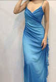 Blue V Neck Straps Sheath Chiffon Long Party Dress Vintage Evening Dress, HZ0319