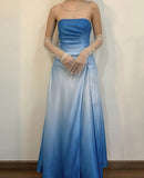 Blue Ombre Strapless A-Line Satin Long Party Dress Formal Prom Dress, HZ0319