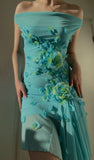 Blue Off Shoulder Sheath Midi length Cocktail Dress Vintage Party Dress, HZ0319