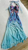 Blue Halter Ombre Chiffon Sheath Vintage Long Evening Party Dress, HZ0319
