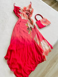 Red Spaghetti Straps Floral Chiffon Vintage Long Evening Party Dress, HZ0319