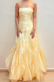 Light Yellow Strapless A-Line Ruffles Long Party Dress Formal Evening Dress, HZ0319
