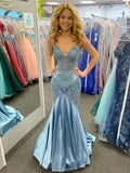 Blue Straps V Neck Appliques Mermaid Long Formal Evening Party Dress, HZ0319