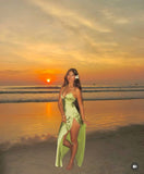 Green V Neck Straps Sheath Satin Split Long Party Dress Wedding Guest Dress, HZ0319