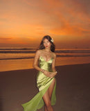 Green V Neck Straps Sheath Satin Split Long Party Dress Wedding Guest Dress, HZ0319