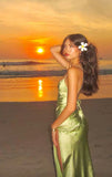 Green V Neck Straps Sheath Satin Split Long Party Dress Wedding Guest Dress, HZ0319