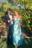 Blue Straps A-Line Satin Wedding Guest Dress Simple Long Party Dress, HZ0319