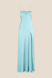 Blue Straps A-Line Satin Wedding Guest Dress Simple Long Party Dress, HZ0319