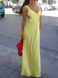 Yellow Straps A-Line Satin Wedding Guest Dress Simple Long Party Dress, HZ0319