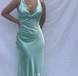 Tiffany Blue V Neck Sheath Satin Wedding Guest Dress Simple Long Party Dress, HZ0319