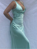 Tiffany Blue V Neck Sheath Satin Wedding Guest Dress Simple Long Party Dress, HZ0319