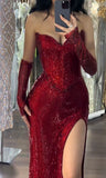Charming Red Strapless Mermaid Split Sexy Long Evening Party Dress, HZ0319