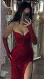 Charming Red Strapless Mermaid Split Sexy Long Evening Party Dress, HZ0319