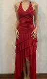 Wine Red Halter A-Line Chiffon Tiered Vintage Long Evening Party Dress, HZ0319