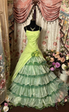 Green Spaghetti Straps A-Line Tiered Chiffon Vintage Long Prom Dress Evening Gown, HZ0319