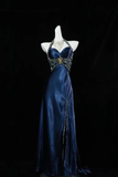 Navy Blue Halter A-Line Beading Satin Long Prom Dress Vintage Evening Dress, HZ0319