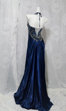 Navy Blue Halter A-Line Beading Satin Long Prom Dress Vintage Evening Dress, HZ0319