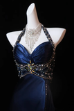Navy Blue Halter A-Line Beading Satin Long Prom Dress Vintage Evening Dress, HZ0319