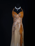 Orange Halter Mermaid Beading Long Prom Dress Vintage Evening Dress, HZ0319