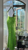 Shiny Green Sequined V-neck Spaghetti Strap Design Chiffon Prom Dress Evening Dress HZ0319