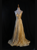 Gold Straps A-Line Satin Beading Long Prom Dress Vintage Evening Dress, HZ0319